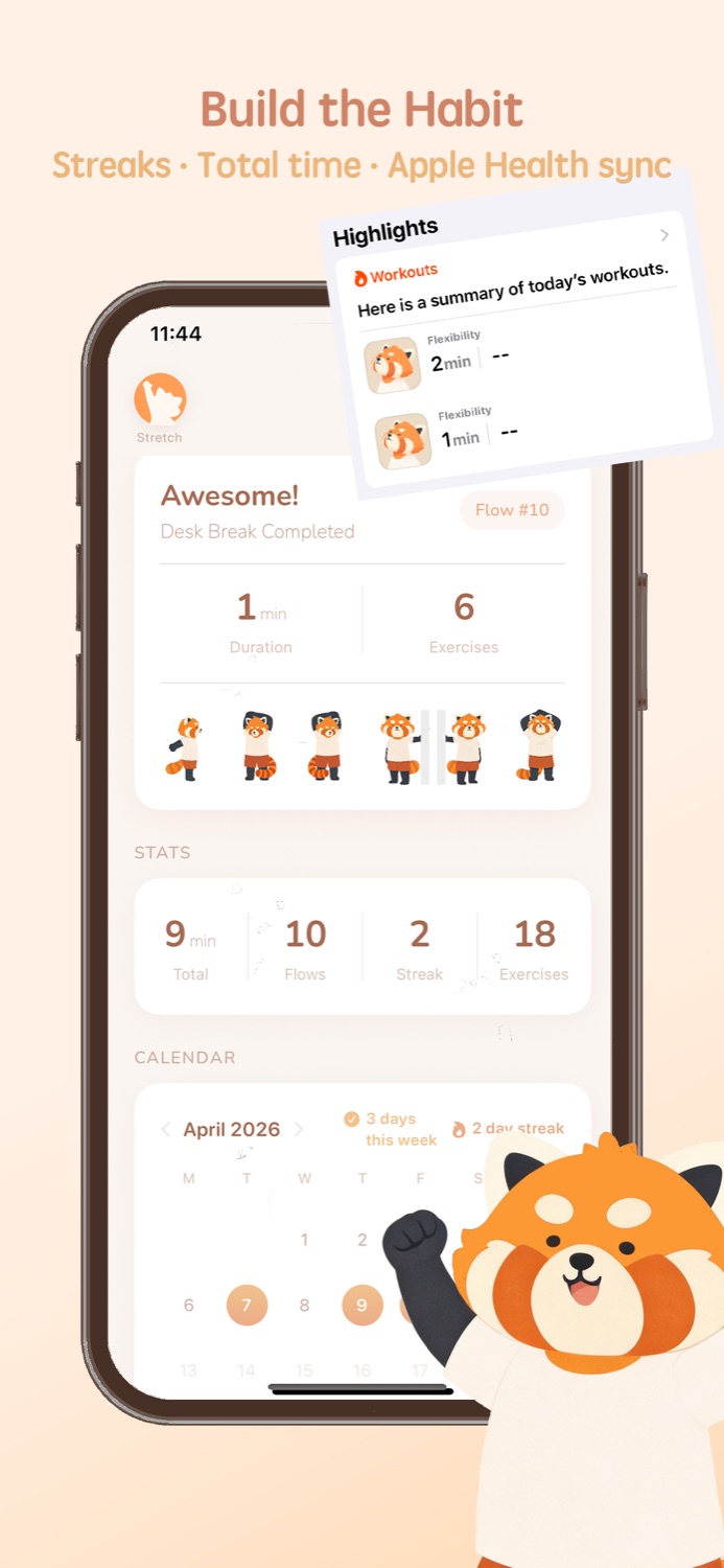 SooFlow — habit tracking screen with streak count and total stretch time
